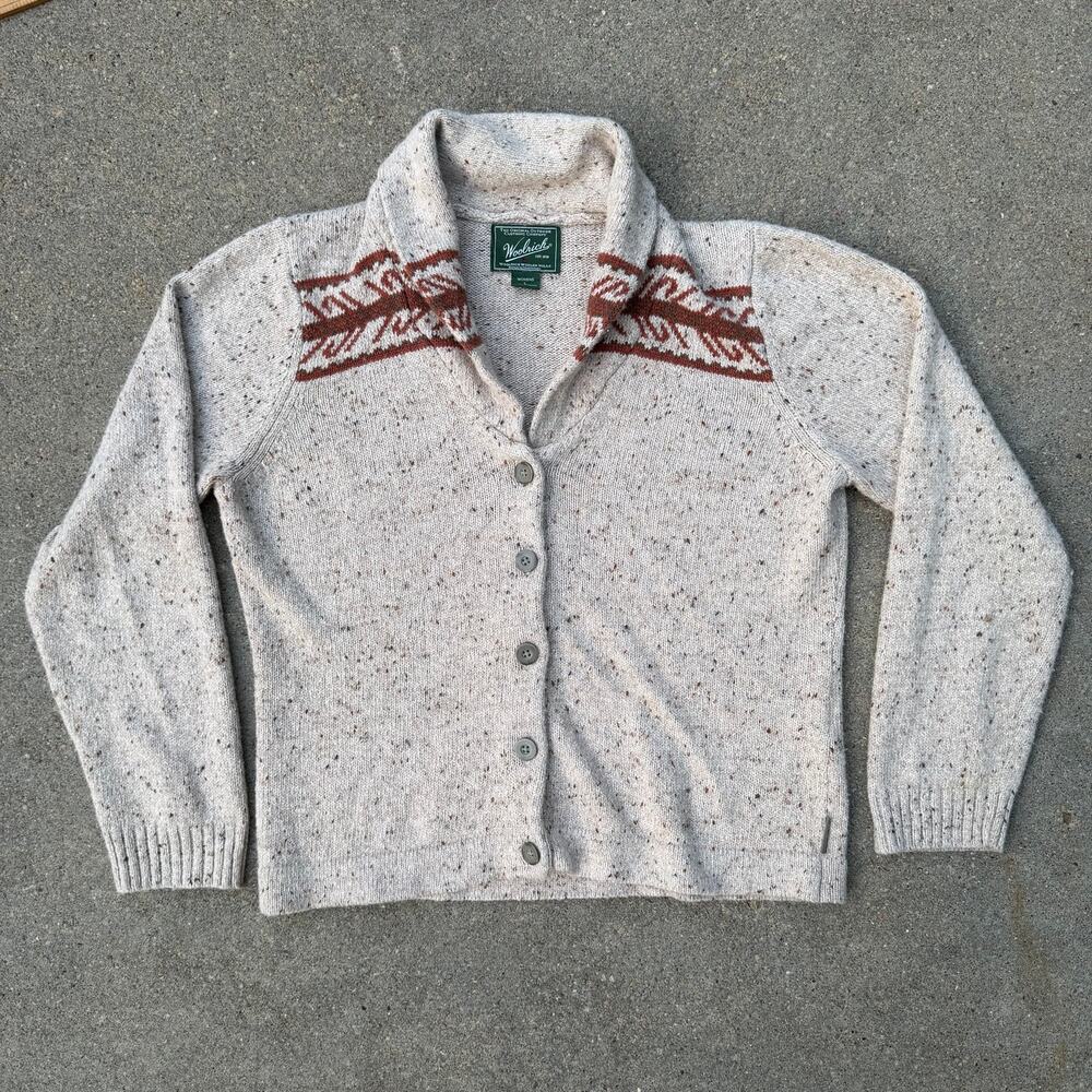 Woolrich Cardigan Sweater Stone Heather Fair Isle Wool Ramie Blend LARGE